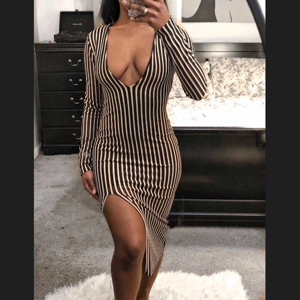 Sexy Striped V-neck Midi Dress